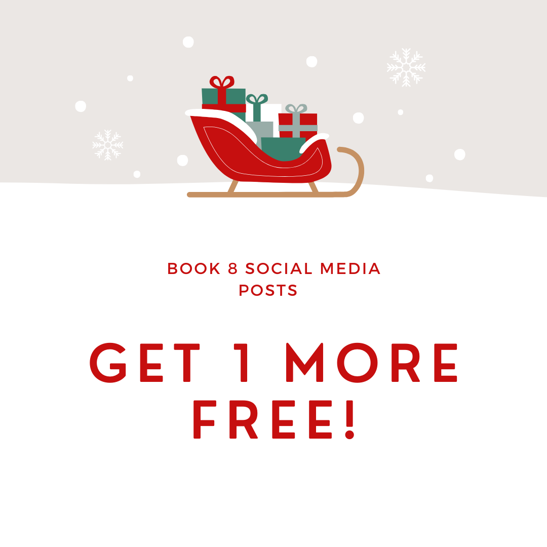 Graphic with a sleigh and gifts promoting a buy 8 get 1 free social media posts offer.