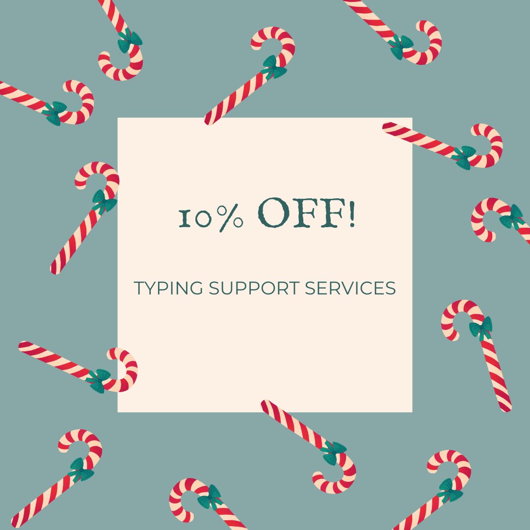 Promotional ad featuring "10% OFF" on typing support services with candy cane border design.