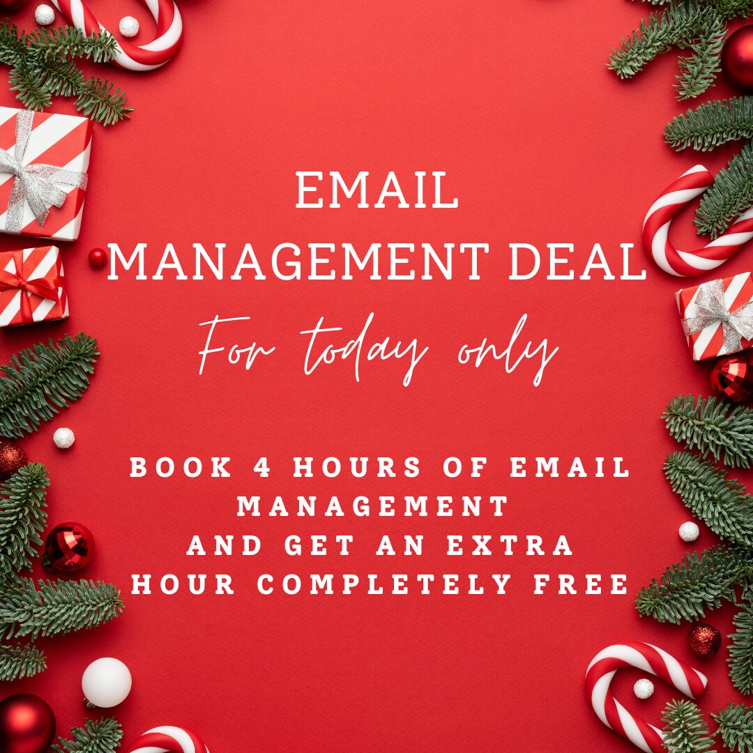 Promotional image for email management deal with Christmas decorations on a red background.