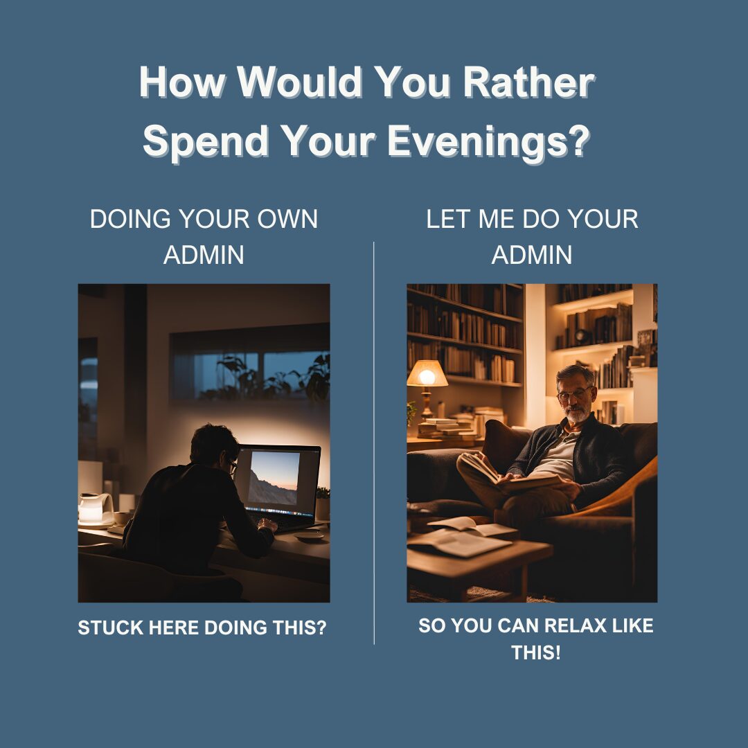 Advertisement contrasting work on a computer versus relaxing in an armchair at home.