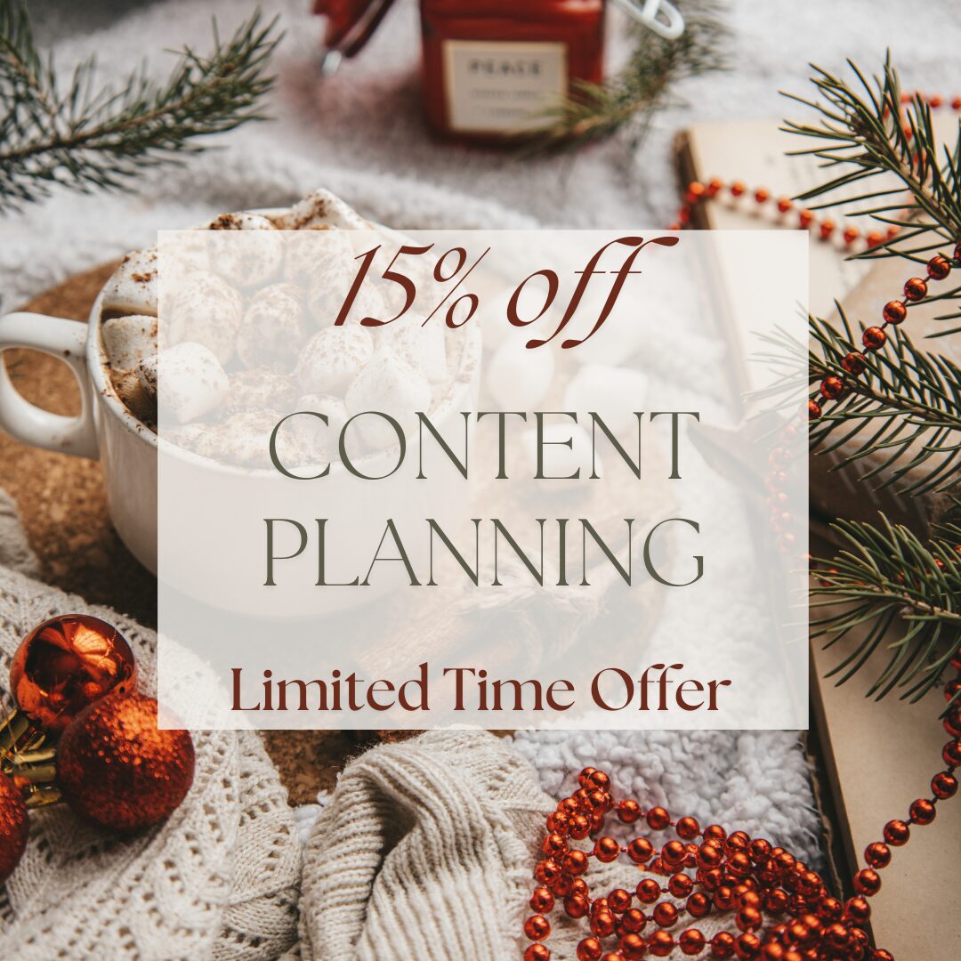 Holiday-themed promotional graphic with a 15% off content planning offer and festive decorations.