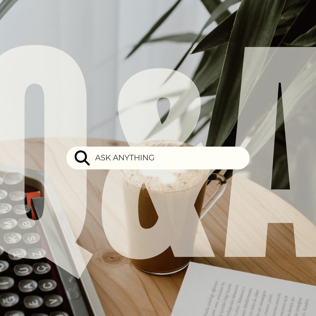 A stylized graphic with the text "Ask Anything" overlaying a peaceful desk scene with a calculator and iced coffee.