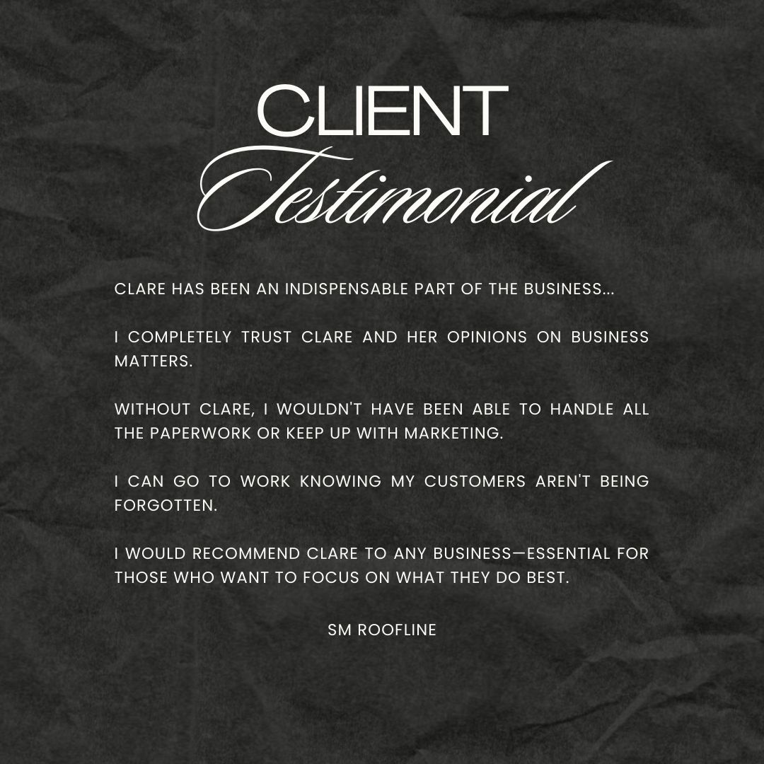 A client testimonial for Clare on a crumpled black paper background with white text.