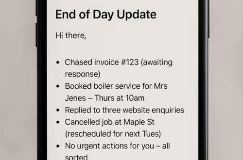 A smartphone displays an email titled "End of Day Update" outlining tasks completed, including invoicing and scheduling.