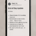 A smartphone displays an email titled "End of Day Update" outlining tasks completed, including invoicing and scheduling.