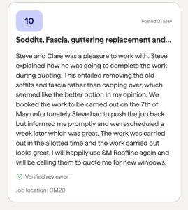 Customer review praising Steve and Clare for their efficient fascia and gutter replacement service, stating satisfaction with the work done.
