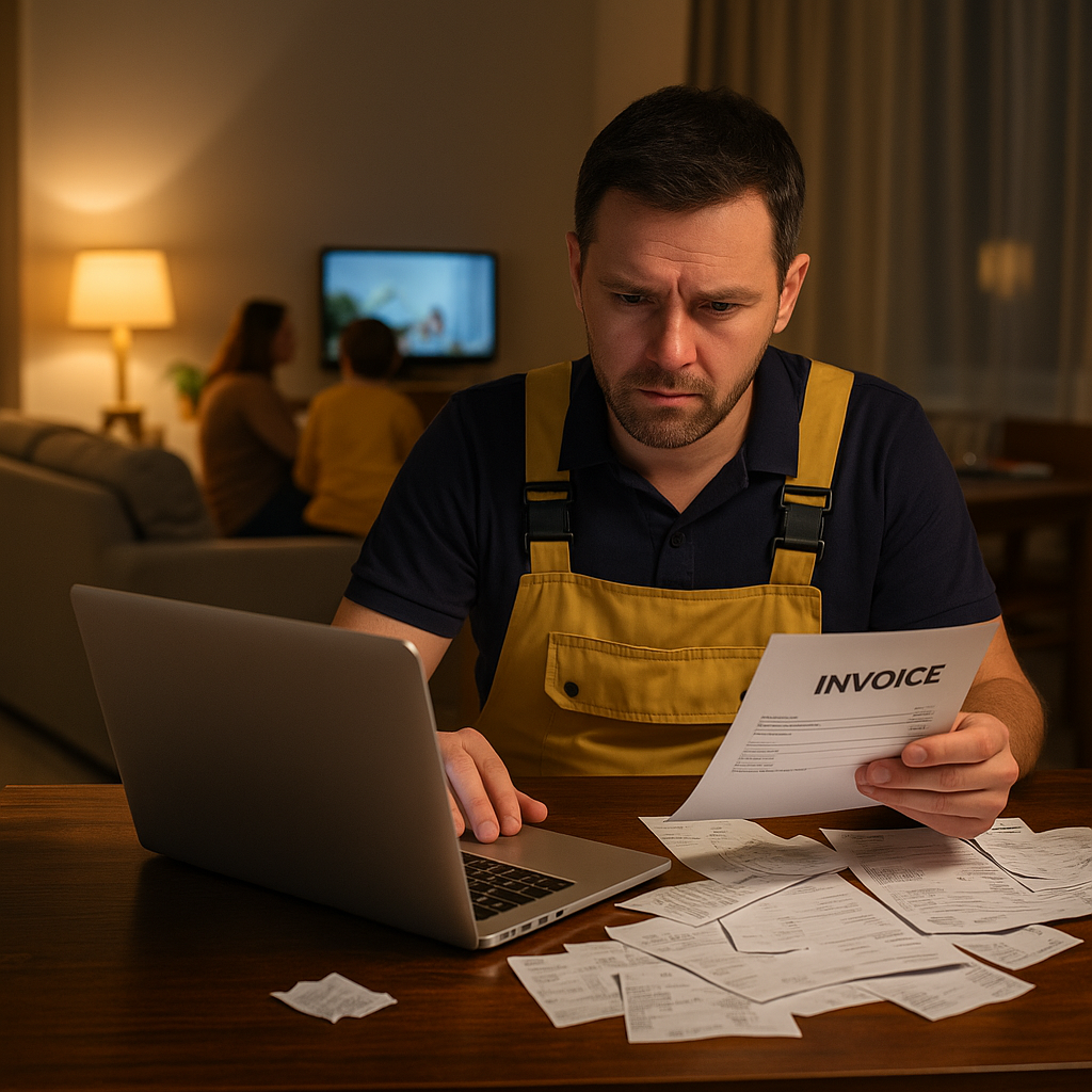 A tradesman sitting at a table in the evening with a laptop and receipts, while his family relaxes in the background.