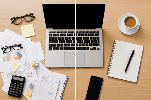 Split image showing a messy, cluttered desk on the left and a clean, organised desk on the right – symbolising how a virtual assistant brings calm to chaos.
