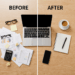 Split image showing a messy, cluttered desk on the left and a clean, organised desk on the right – symbolising how a virtual assistant brings calm to chaos.