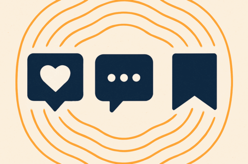 Illustration of like, comment and save icons with ripple effect around them in orange on a cream background