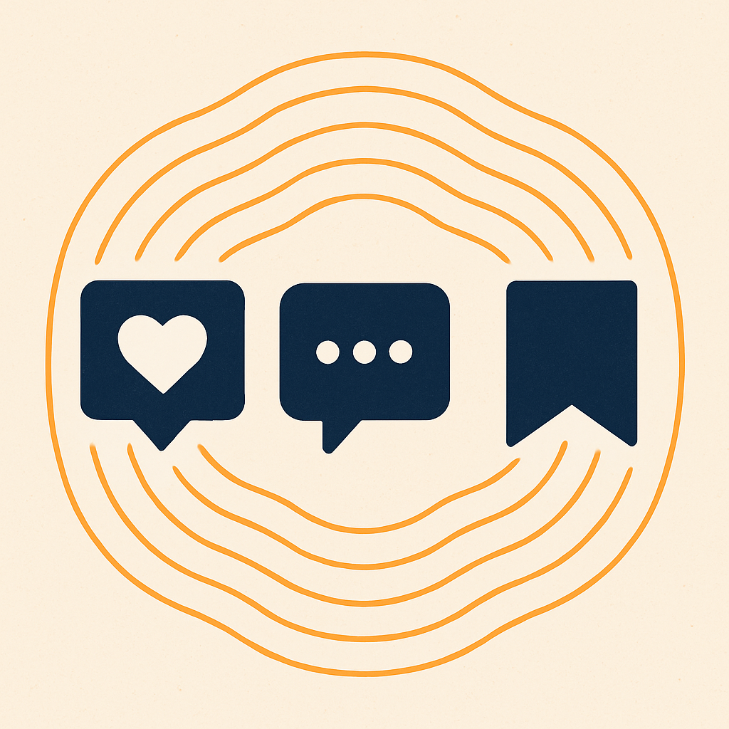 Illustration of like, comment and save icons with ripple effect around them in orange on a cream background