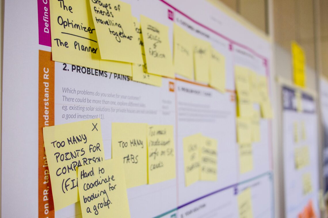 A cluttered business planning board covered in sticky notes, showing common admin problems like too many tabs and coordination issues.