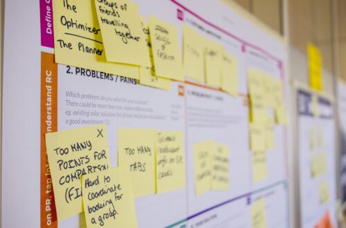 A cluttered business planning board covered in sticky notes, showing common admin problems like too many tabs and coordination issues.