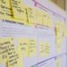 A cluttered business planning board covered in sticky notes, showing common admin problems like too many tabs and coordination issues.