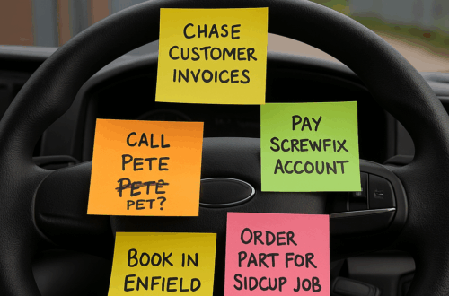 Sticky notes on a UK van steering wheel with reminders for admin tasks like chasing invoices and booking jobs.