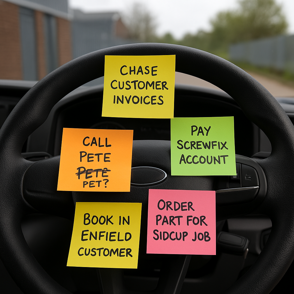 Sticky notes on a UK van steering wheel with reminders for admin tasks like chasing invoices and booking jobs.