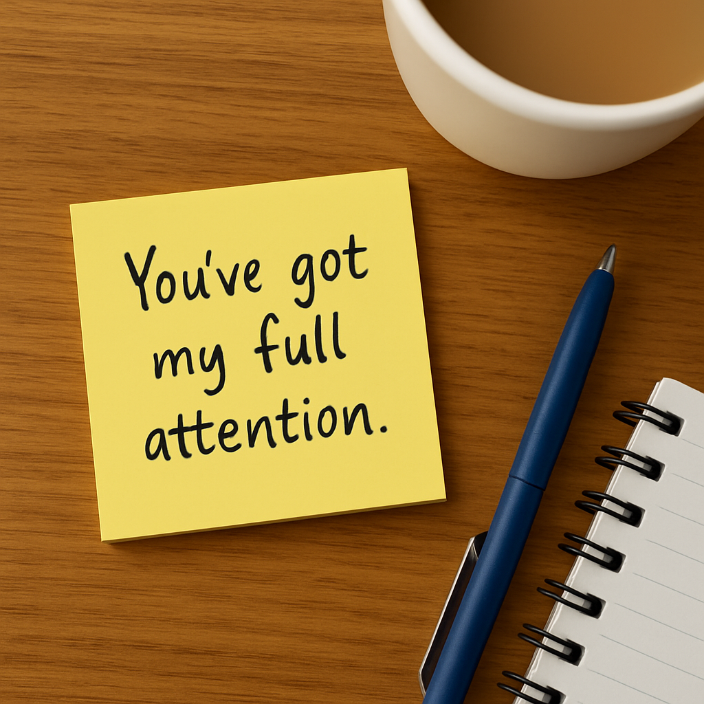 Handwritten sticky note saying "You've got my full attention" on a wooden desk with a pen, notebook, and coffee mug – symbolising personal, focused support.