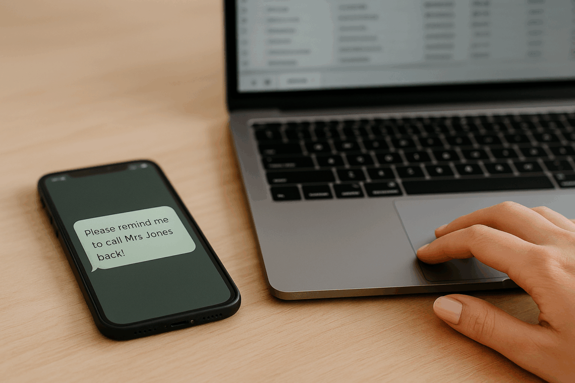 A mobile phone showing a message that says “Please remind me to call Mrs Jones back!” next to a laptop, with a woman’s hand using the trackpad.