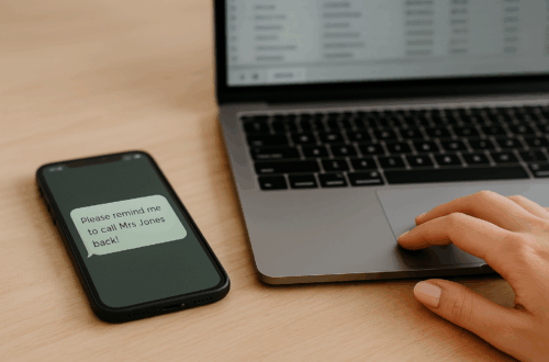 A mobile phone showing a message that says “Please remind me to call Mrs Jones back!” next to a laptop, with a woman’s hand using the trackpad.
